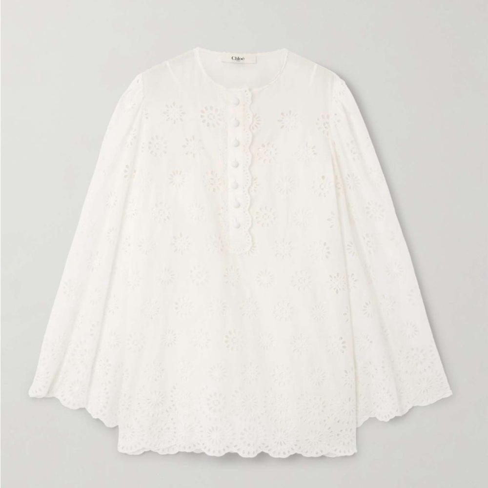 NWT CHLOE sz 42 / US 10
Scalloped Eyelet-Embroidered Mini Shift Dress